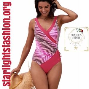 Rose Striped Spliced V Neck Maillot One Piece